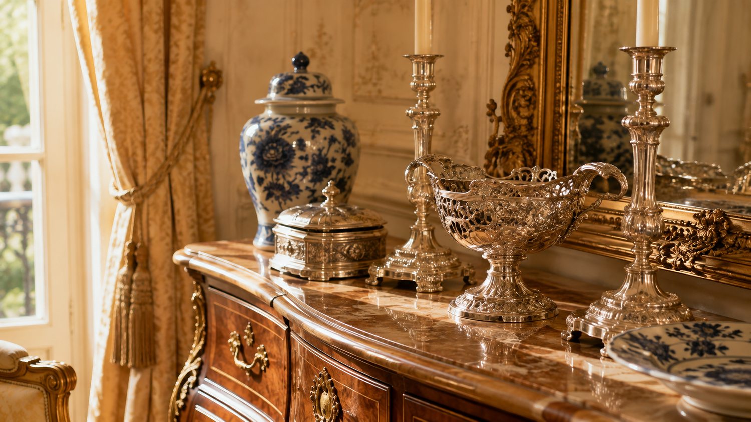 Antikes Silber und Porzellan in einem hochwertigen Interieur